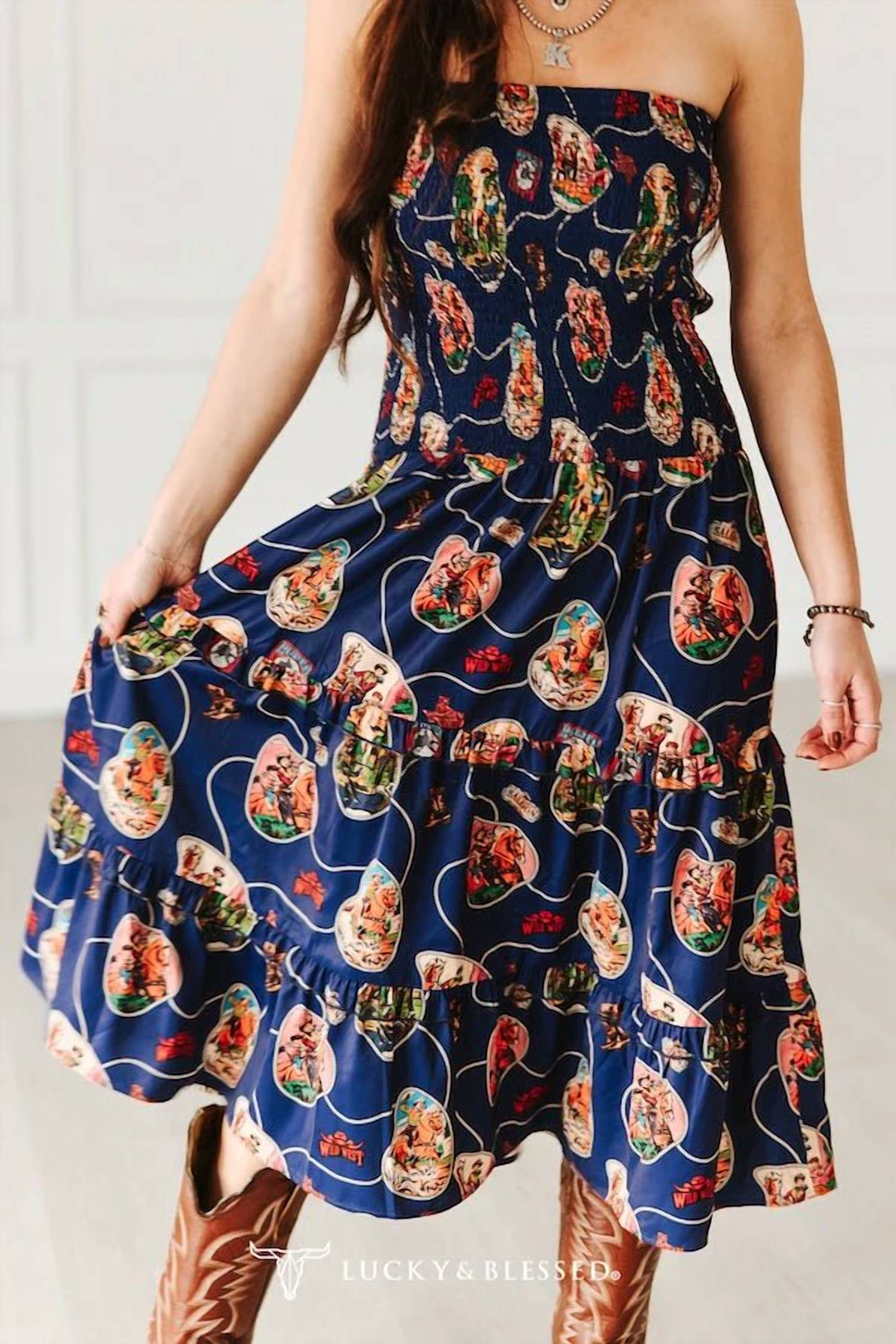 Lucky & Blessed - Retro Rodeo Print Smocked Strapless Western Midi Dress