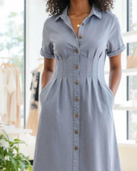 She + Sky - Short Sleeve Pleated Waist Button Down Dress