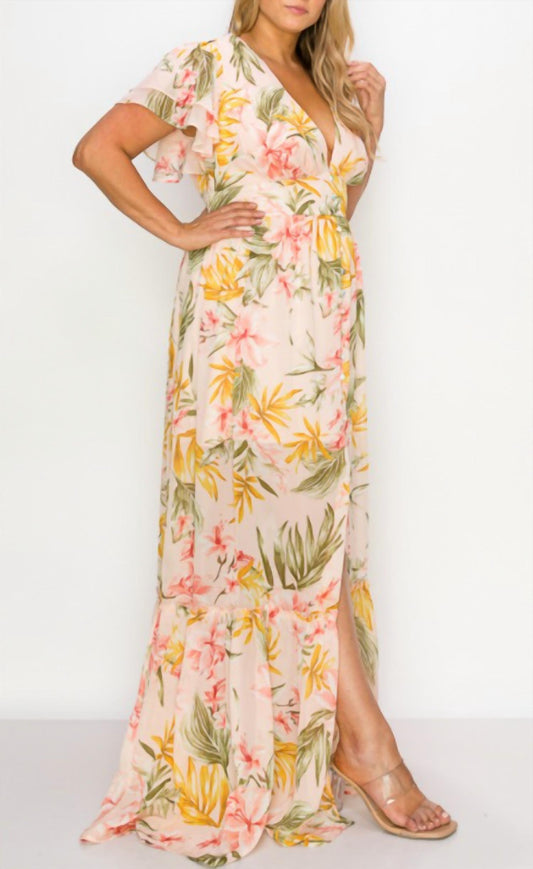 Miss Avenue - Chiffon Short Sleeve Button Down Detail Maxi Dress