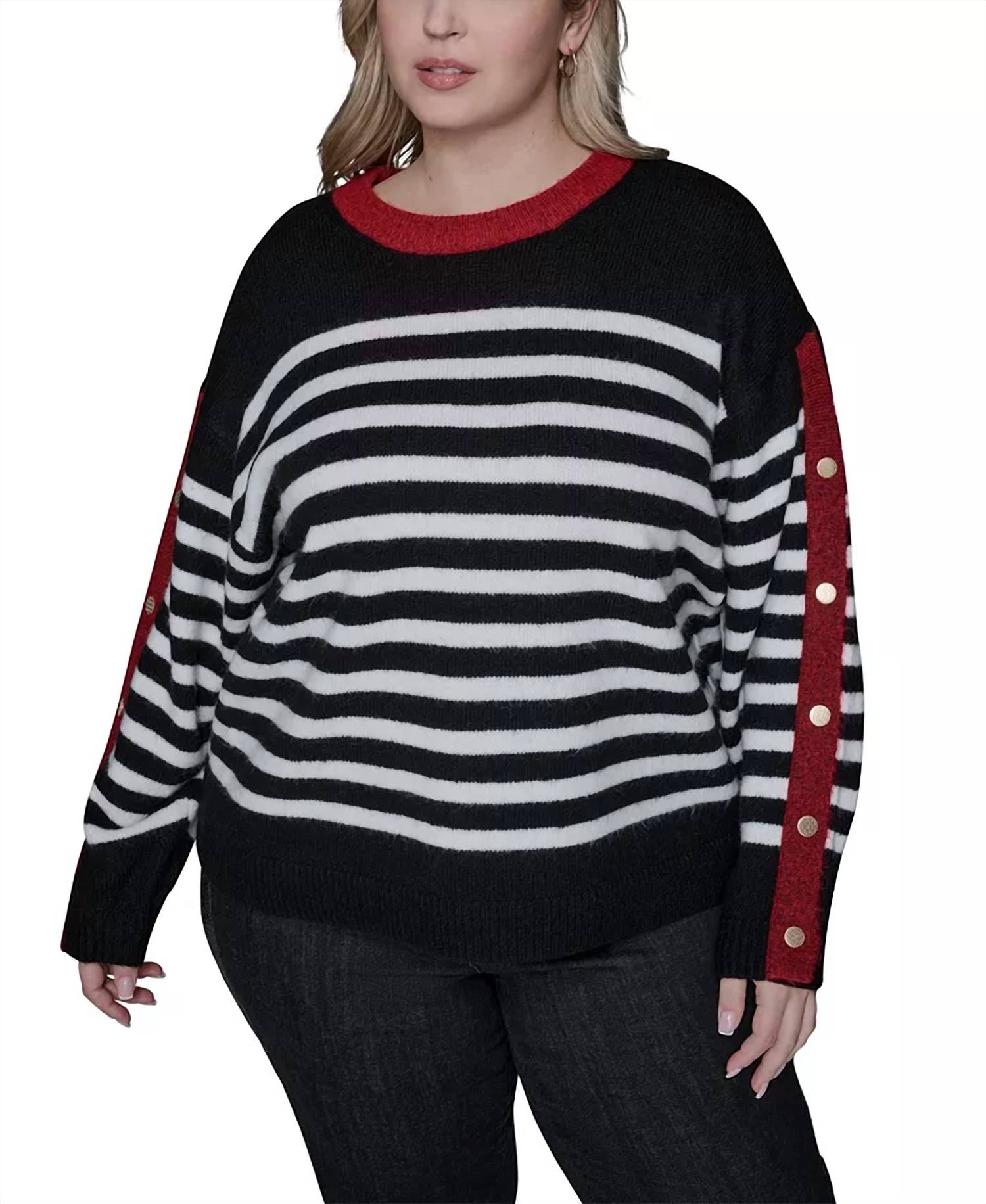 KARL LAGERFELD Women's Striped Sweater With Button Cuff Detail in black white maroon - women's sweater