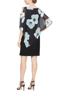 S.L. Fashions - Floral Print Asymmetrical Shoulder Capelet Jersey Dress