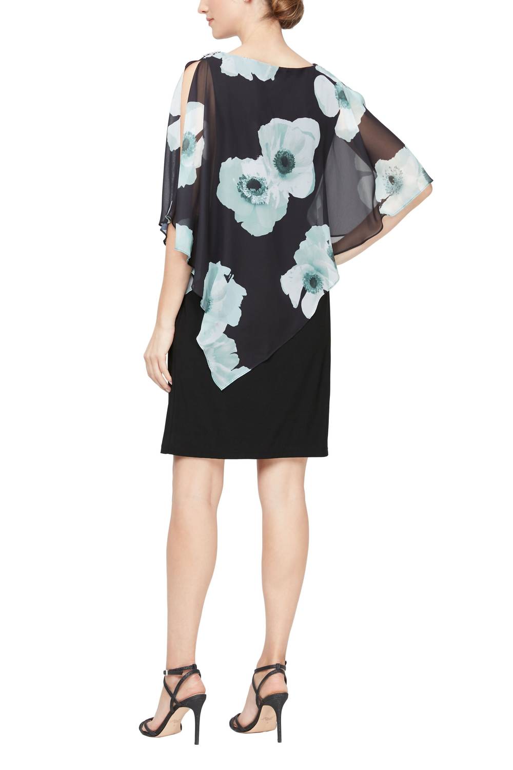 S.L. Fashions - Floral Print Asymmetrical Shoulder Capelet Jersey Dress