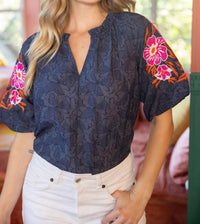 Voy - Embroidered Raglan Sleeve Floral Textured Top