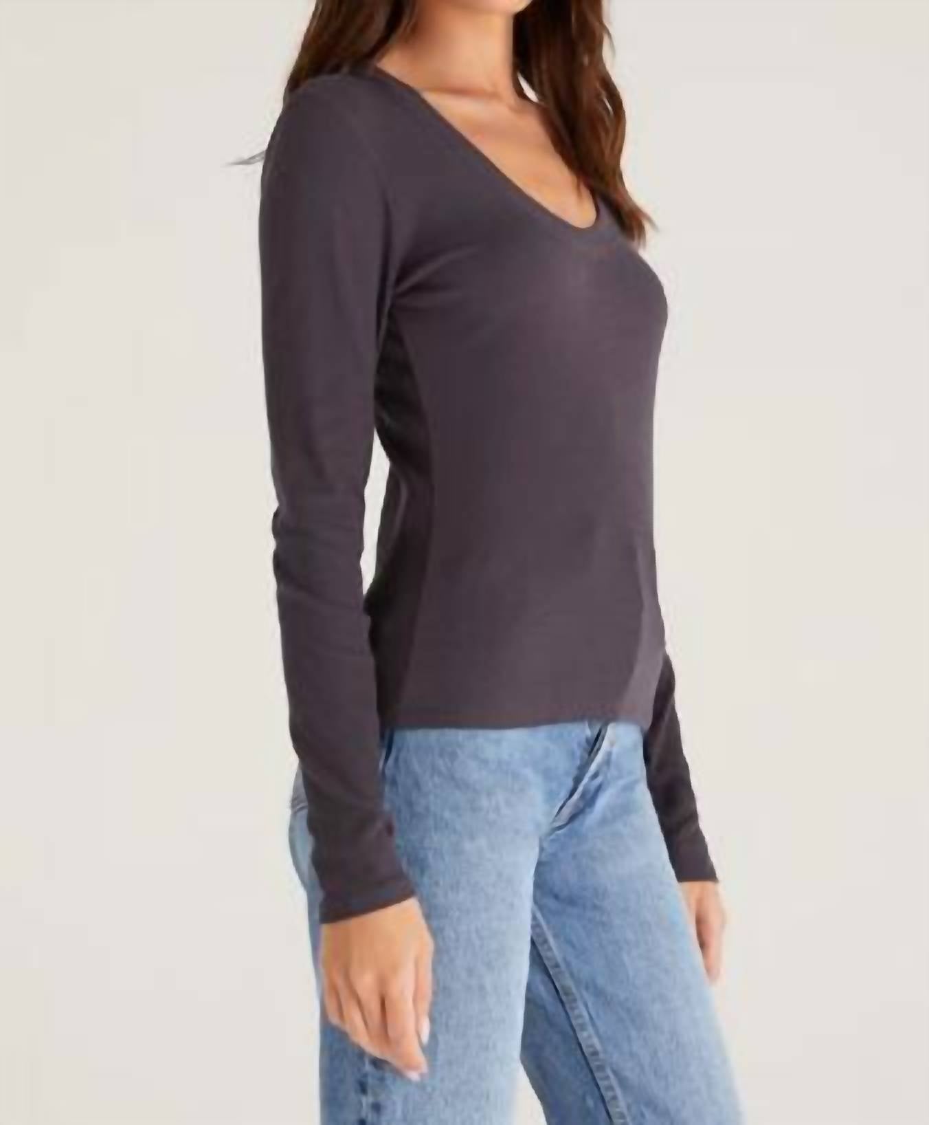 Z Supply Sirena Rib Long Sleeve Tee in shadow - women's long sleeve top - detail view