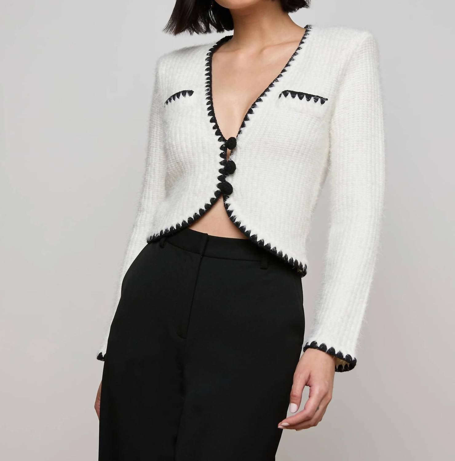 L'Agence Women's Anaya Knit Cardigan in white black - women's cardigan