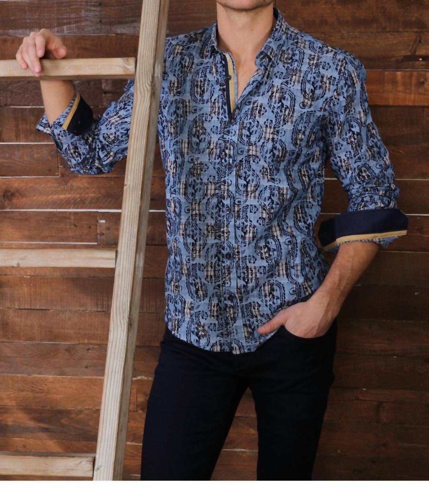 Eight X - Long Sleeve Jacquard Button Down Shirt With Paisley Flocking