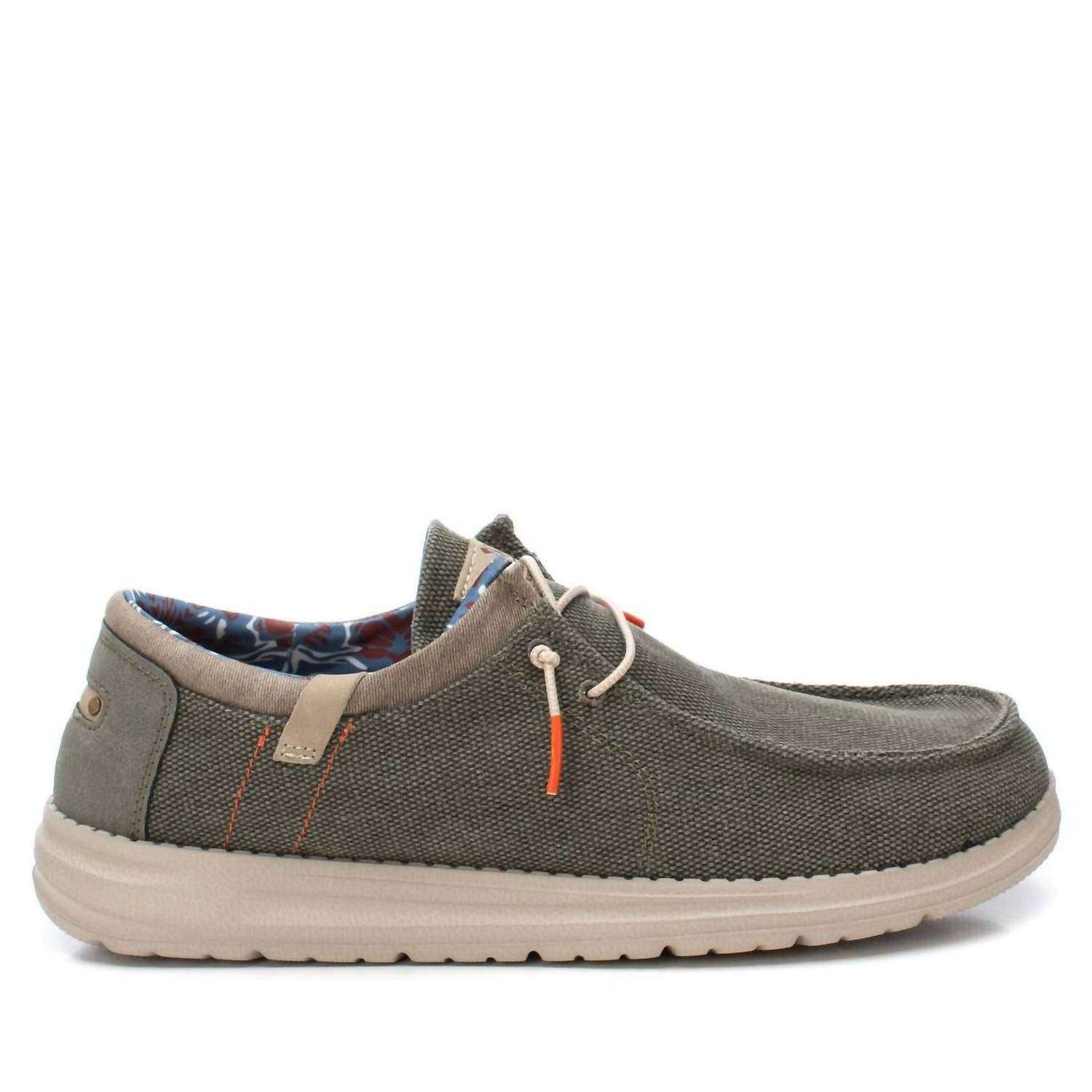 Xti Men's Comfort Canvas Boat Shoes in dark green - men's loafer - detail view