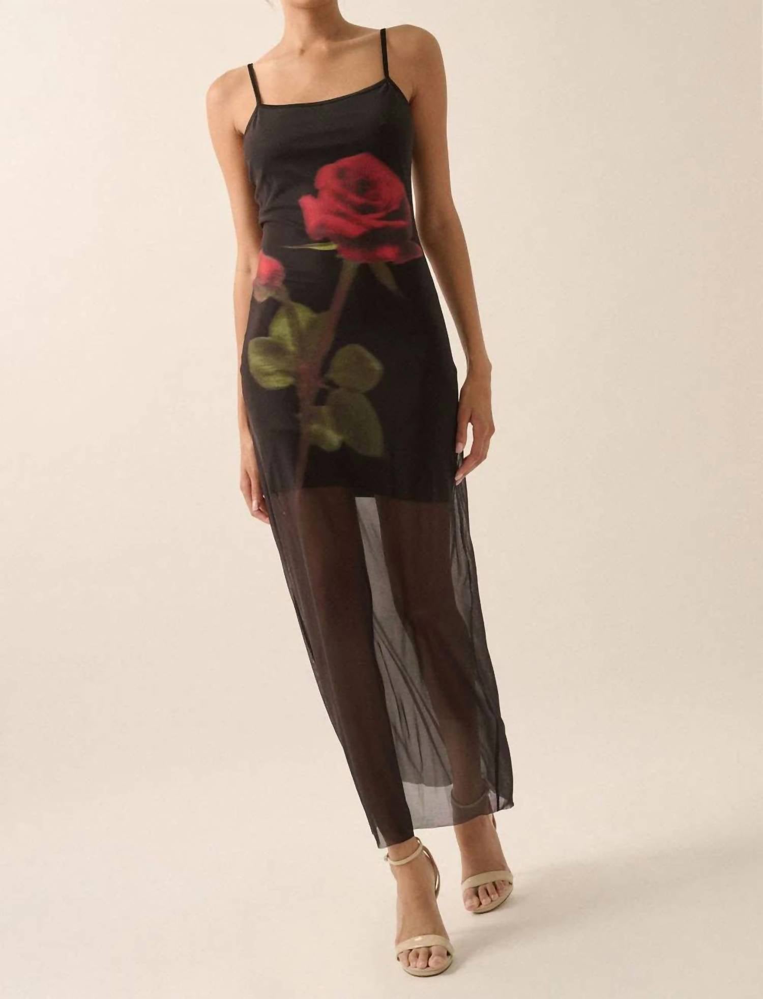 Promesa - Rose-print Layered Mesh Maxi Slip Dress