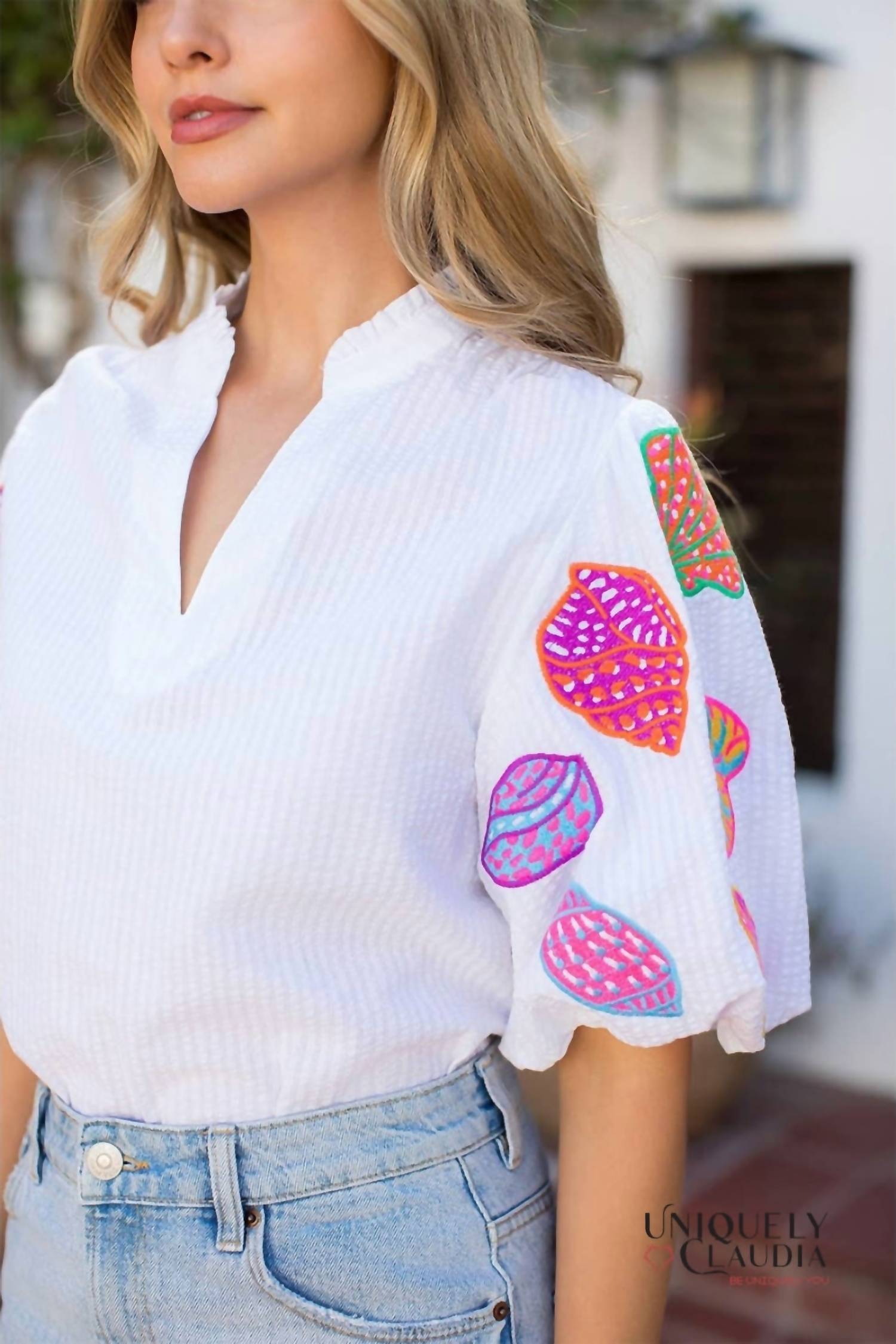 Thml - Brittnee Seashells Embroidered Puff Sleeve Top