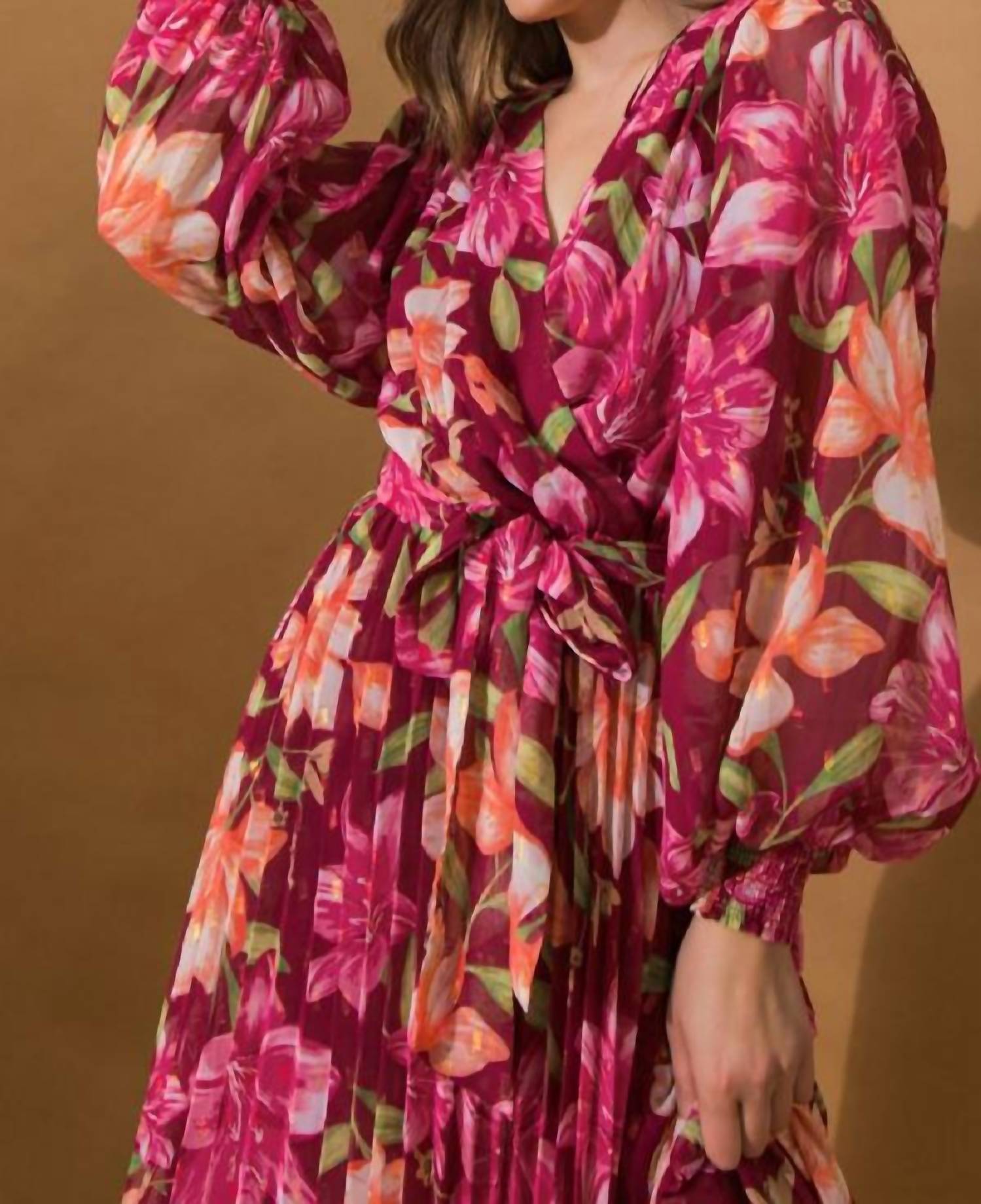 Flying Tomato - Sunset Garden Pleated Midi Dress