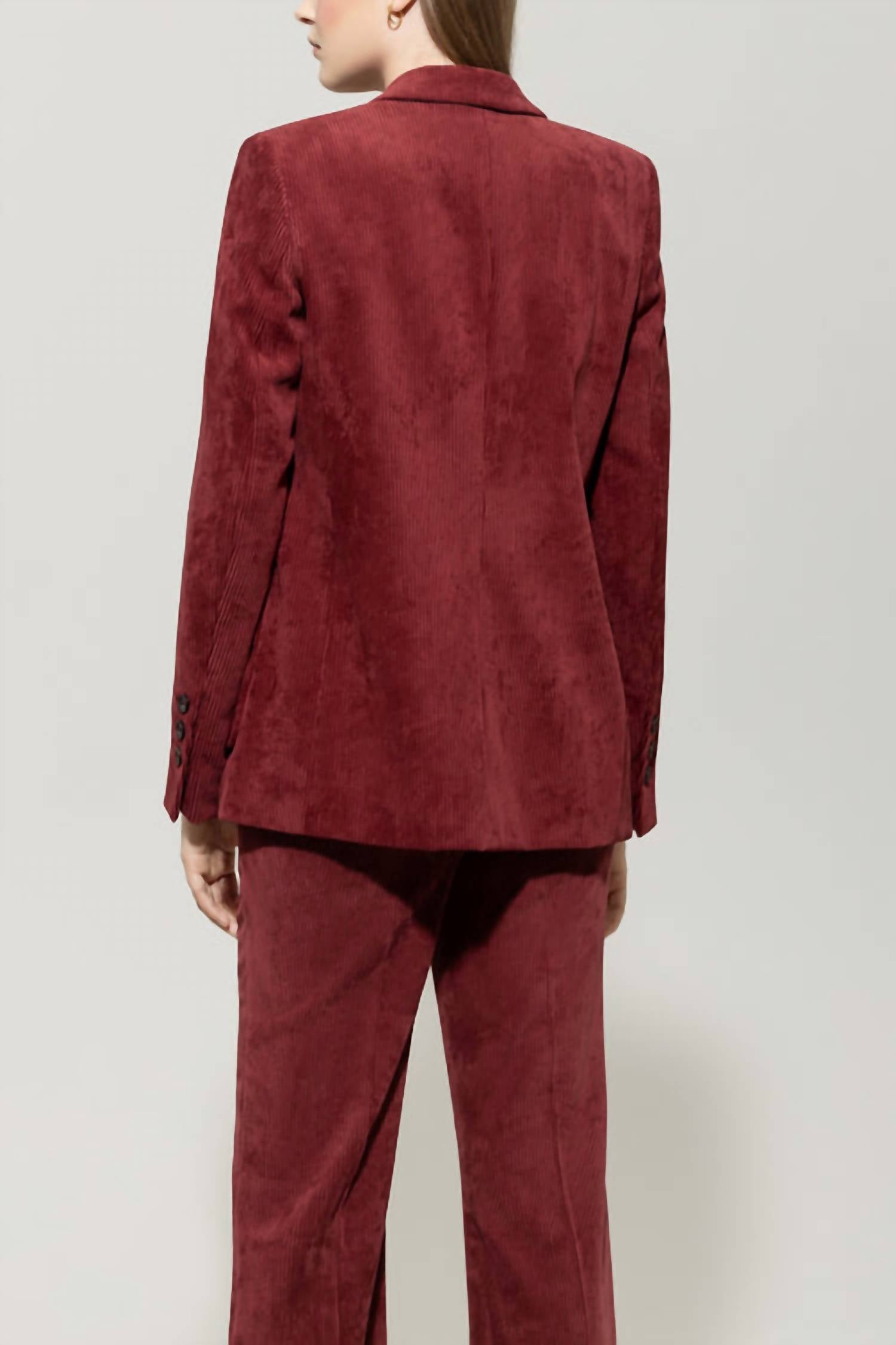LUISA CERANO Women's Corduroy One Button Blazer Jacket in berry red - women's jacket - detail view