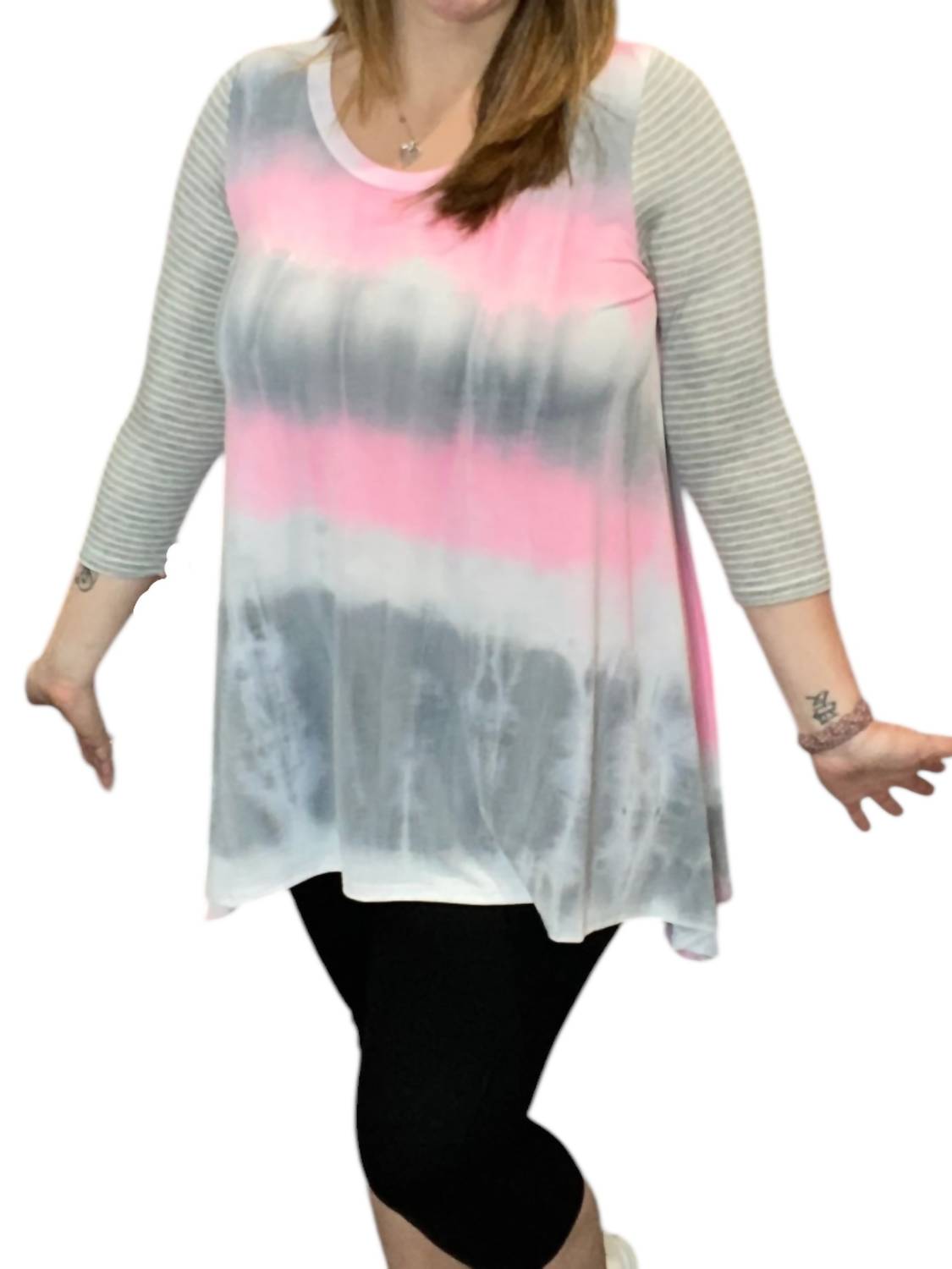 Honeyme - Tie Dye Meets Stripes 3/4 Sleeve Tee