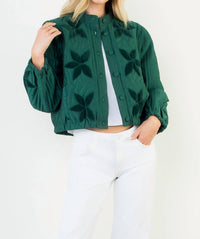 THML Velvet Flower Detail Quilted Jacket in green - women's jacket - detail view