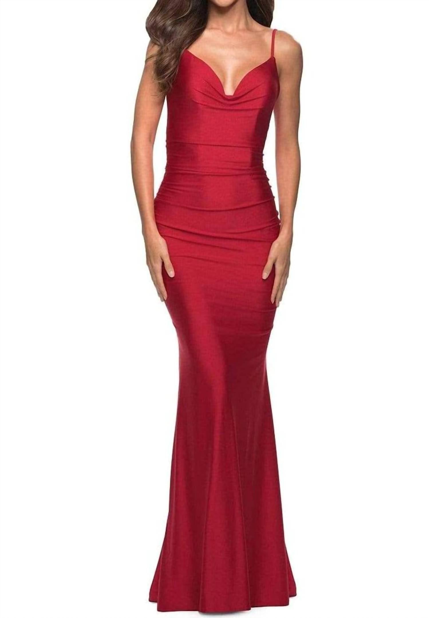 La Femme - Jersey Ruched Cowl Neck Mermaid Gown