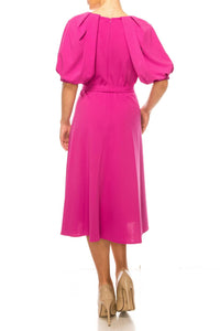 Maison Tara - Belted Puff Sleeve A Line Dress