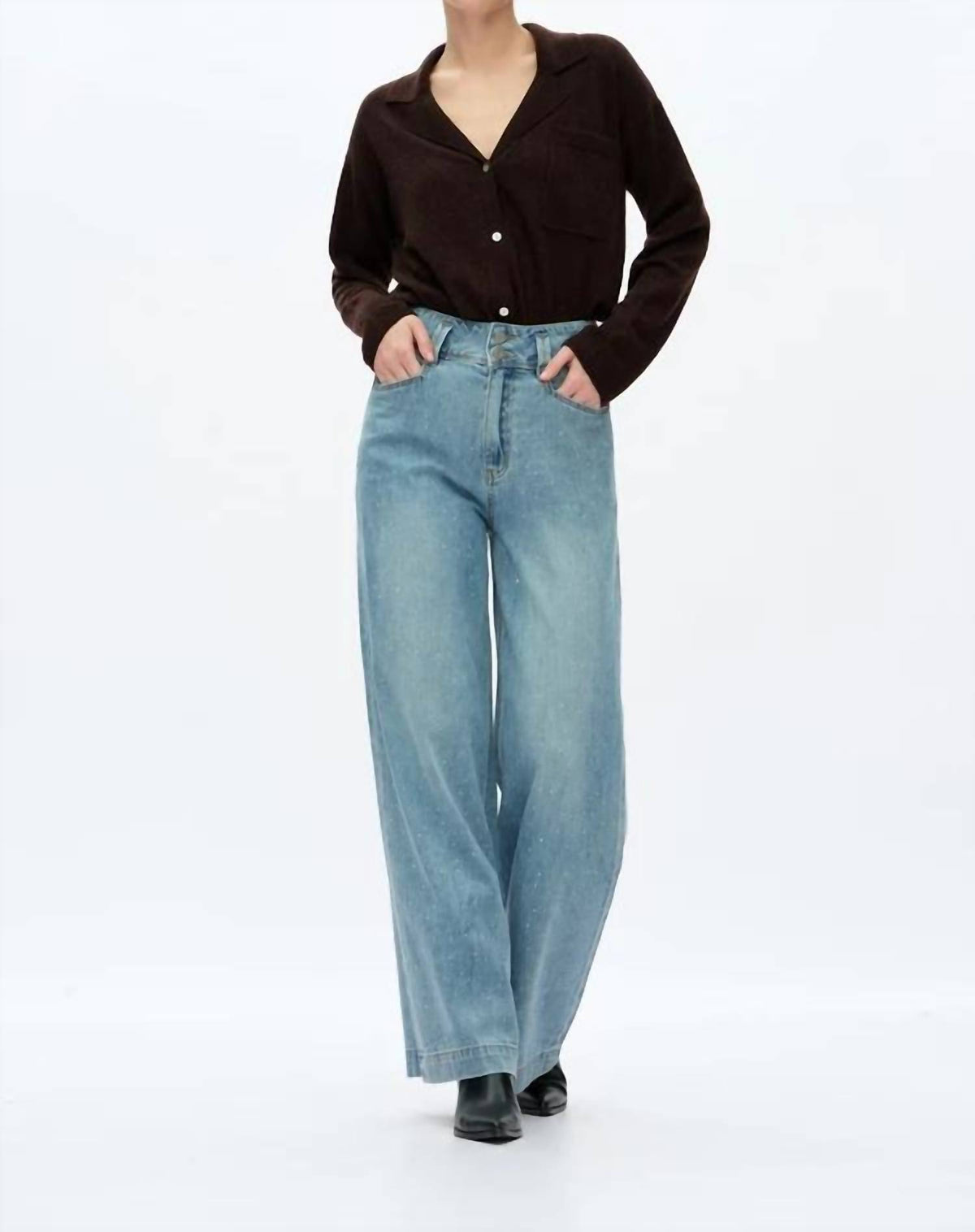 Bayeas - Super High Rise Rhinestone Wide Leg Jeans