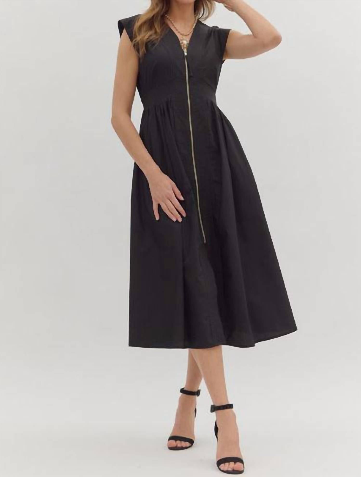 entro Vivian Front Zipper Smocked Waist Midi Dress in black - women's dress
