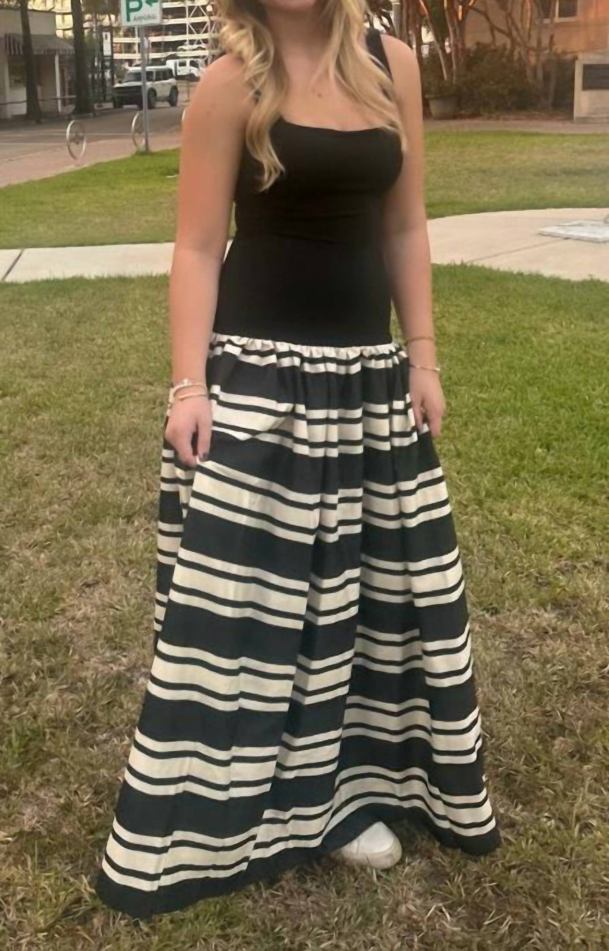 Olivaceous - Striped Drop Waist Maxi Dress