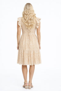 Jade Fit and Flare Flutter Sleeves dress in khaki embroidered - women's dress - detail view