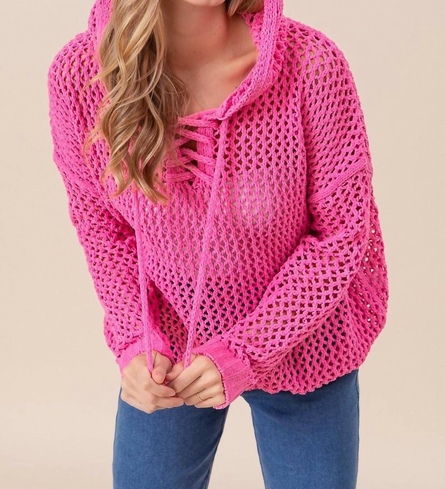 Bibi - Crochet Knit Front Cross Strap Hoodie Top
