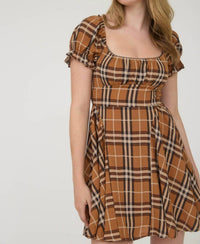 Blu Pepper - Plaid Short Puff Sleeve Mini Dress
