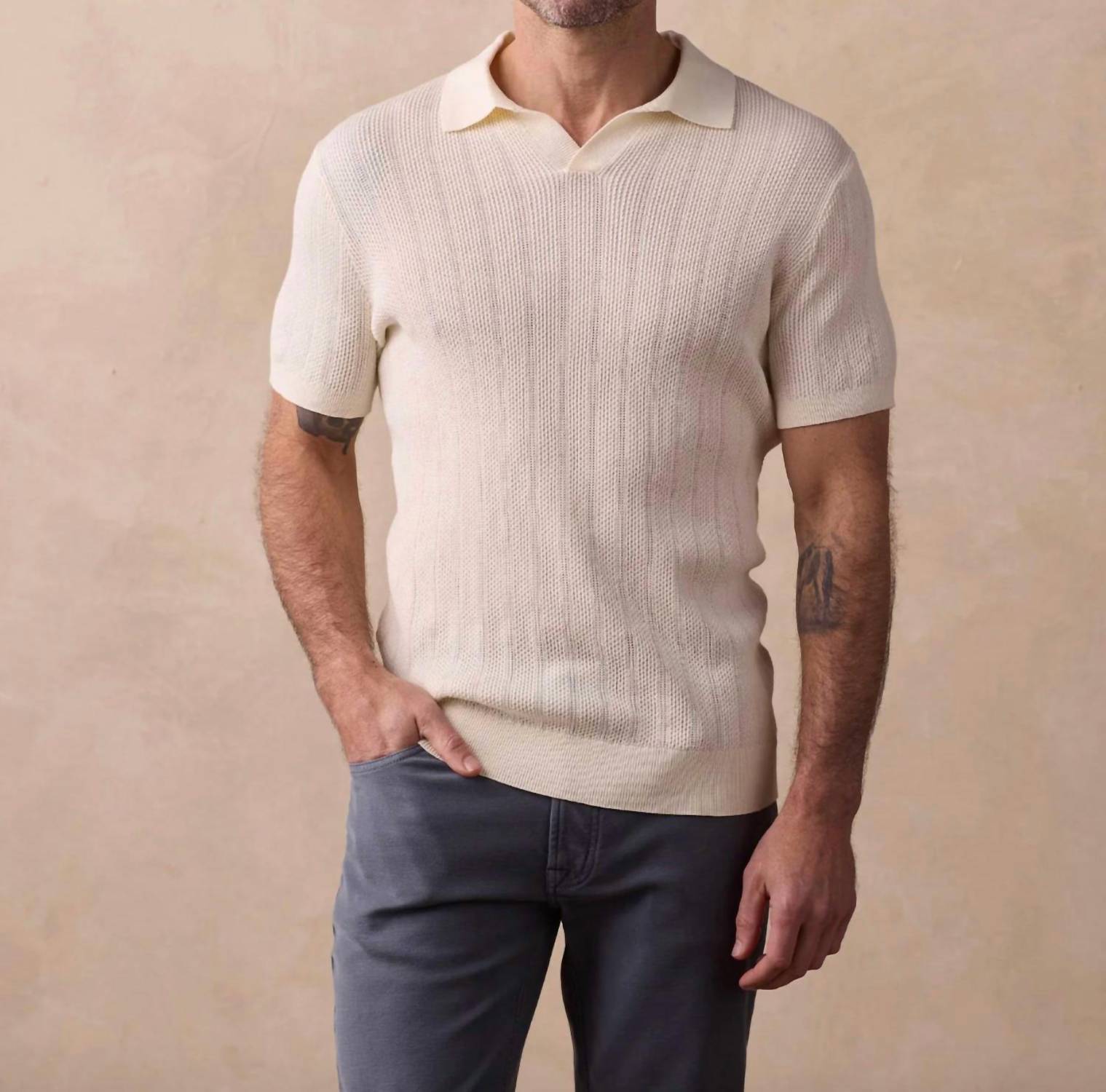 The Normal Brand Robles Textured Knit Polo Top in ivory - men's shirt