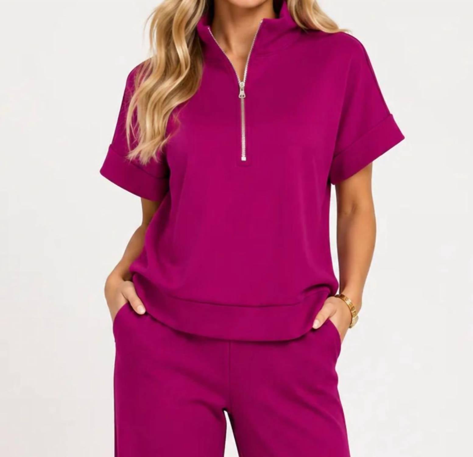 Zenana - Scuba High Neck Half Zip Top