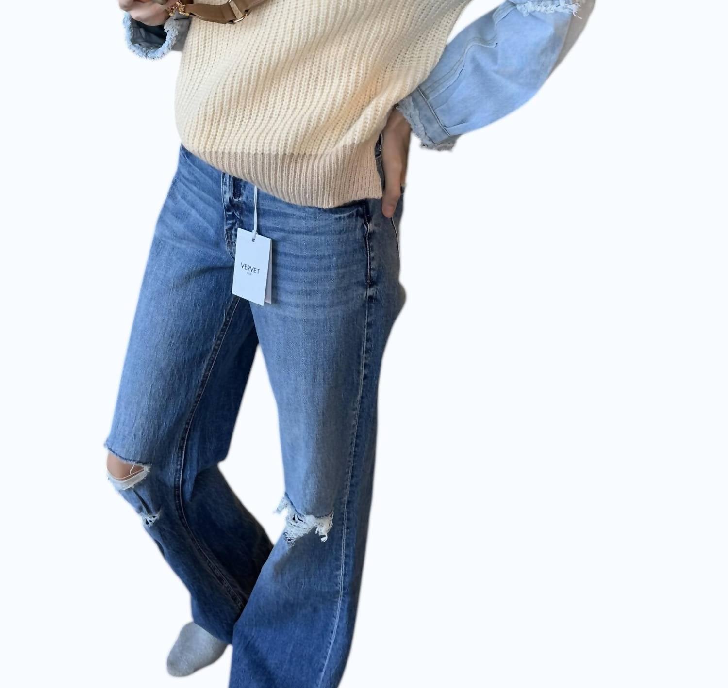 Adora - Frayed Denim Sleeve Sweater Top - Plus
