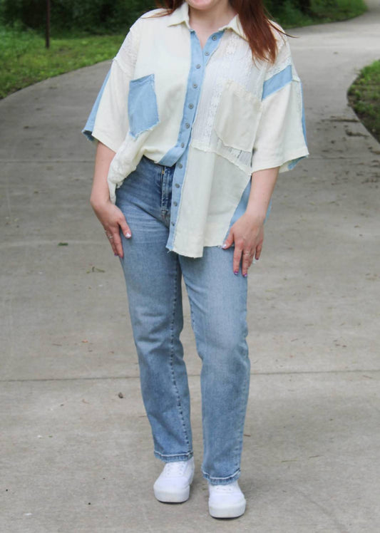 Pol - Short Sleeve Lace Contrast Button Down Top