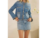 Veveret - Tweed Trimmed Front Pocket Denim Jacket