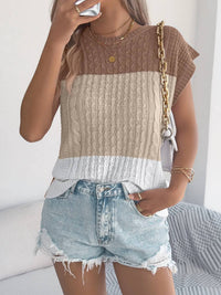 Anna-Kaci - Color Block Cable Knit Short Sleeve Sweater
