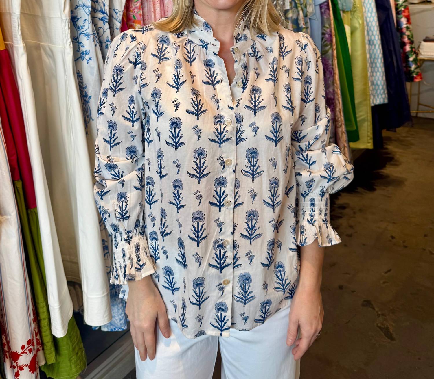 La Plage Thursday Top in muhgal scatter white blue - women's blouse