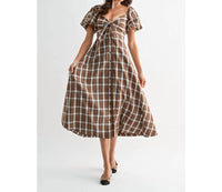 Camellia - Jori Plaid Tie Front Midi Dress