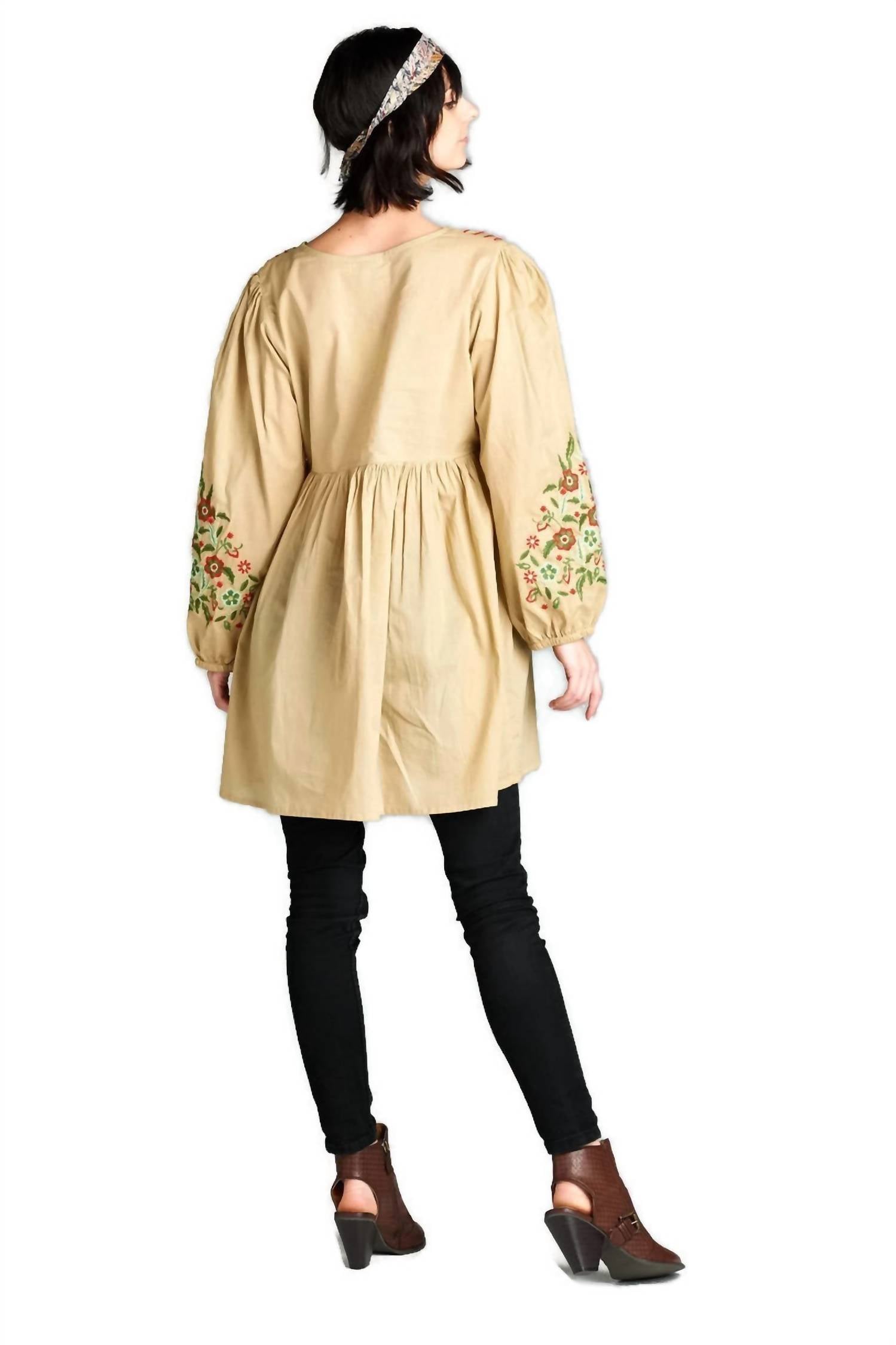 Velzera - Floral Embroidered Peasant Mini Dress