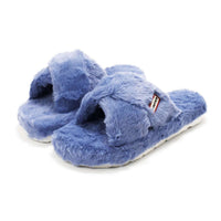 HUNTER Women's Faux Fur Flatform Crossover Slides in stornoway blue - women's shoe