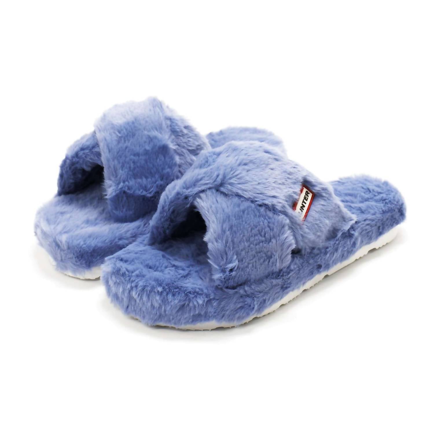 HUNTER Women's Faux Fur Flatform Crossover Slides in stornoway blue - women's shoe