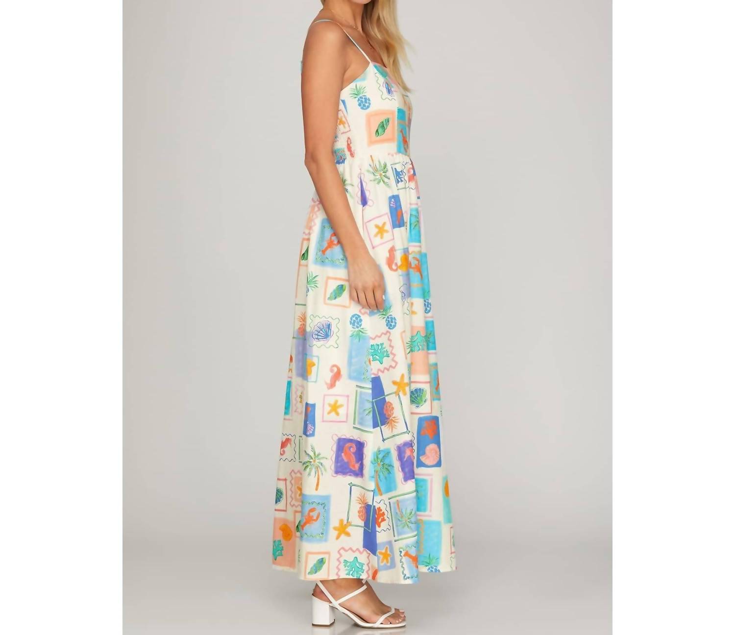 Bns - Coastal Tile Print Cami Maxi Dress With Pockets