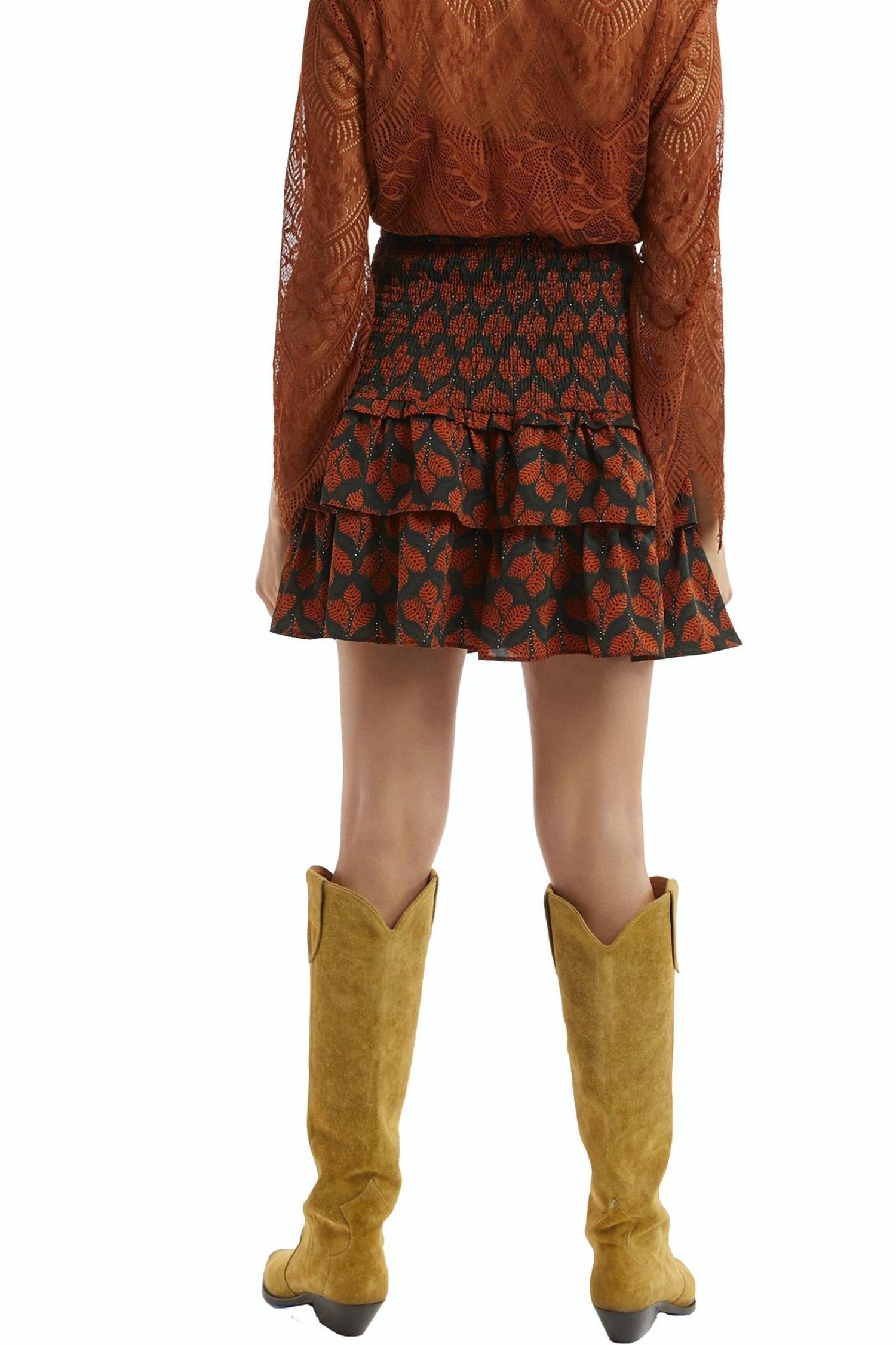 Leaf Print Smocked Mini Skirt