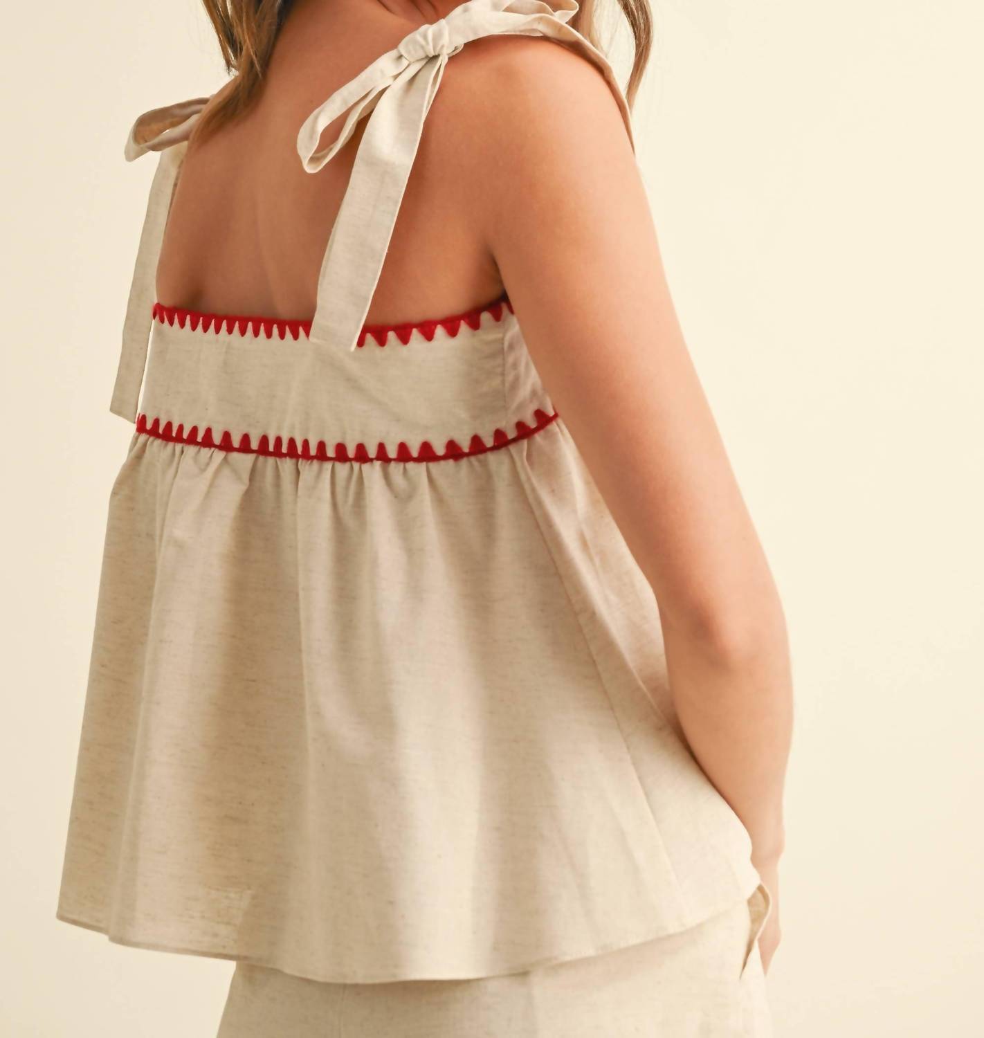 Miou Muse - Linen Tape Detailed Tie Sleeve Top
