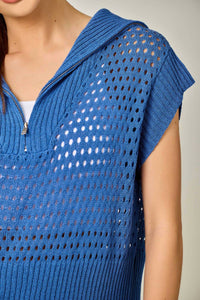 Mystree - Fishnet Zip-up Short Sleeve Sweater