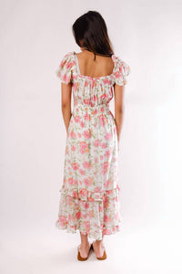 Blu Pepper Floral Waist Tie Front Slit Sleeveless Midi Dress in light peach multi - women's dress - detail view
