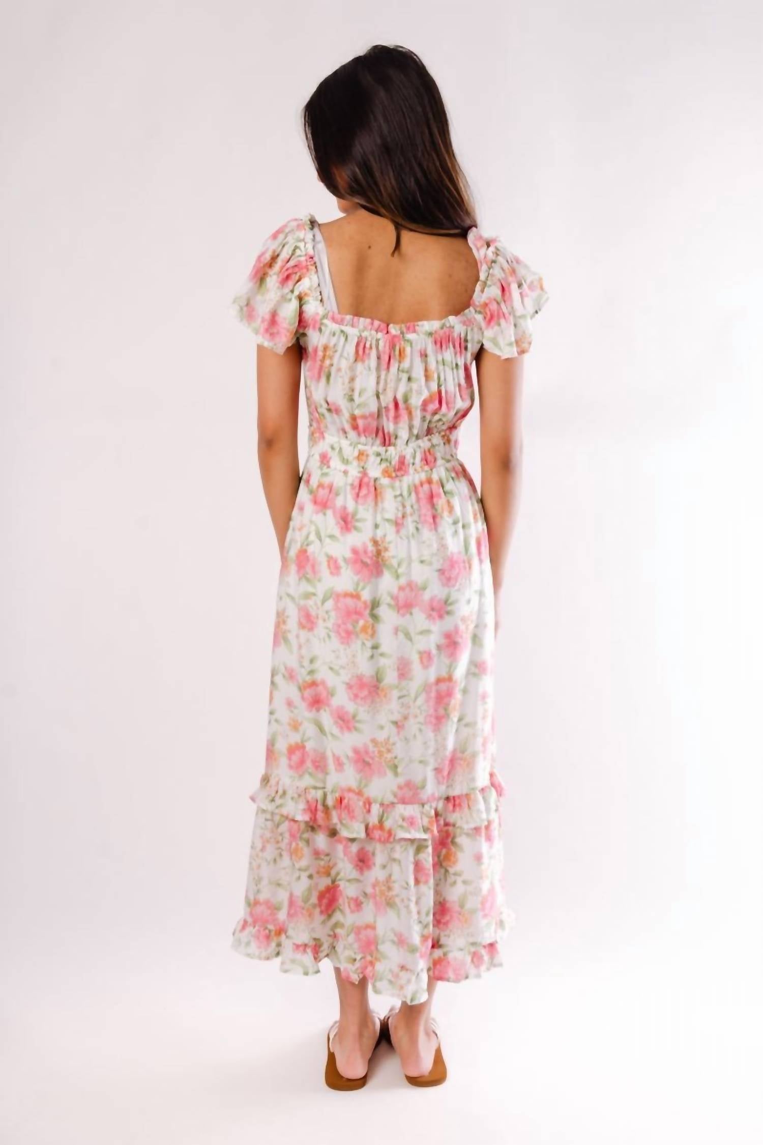 Blu Pepper Floral Waist Tie Front Slit Sleeveless Midi Dress in light peach multi - women's dress - detail view