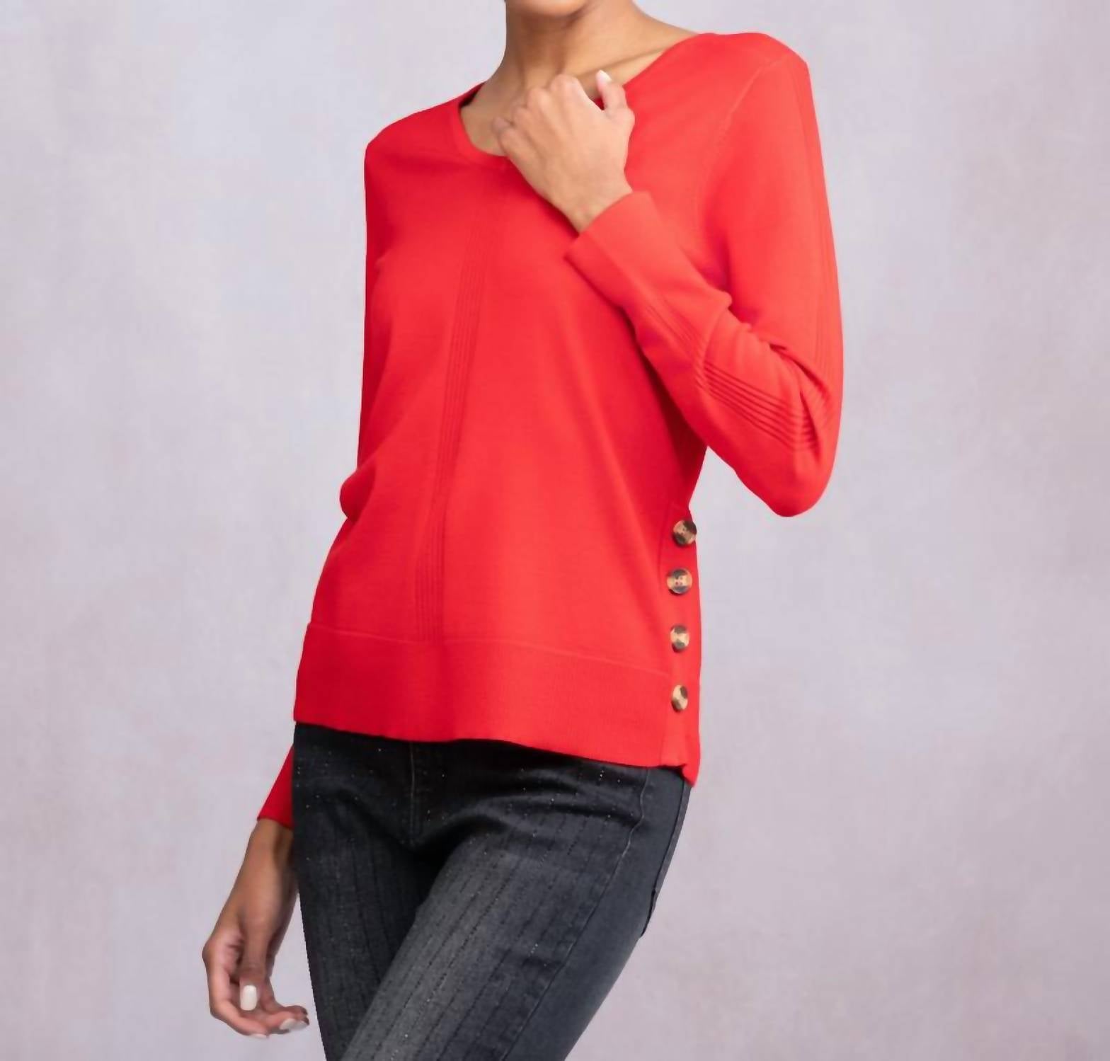 Alison Sheri - V-neck Side-button Knit Sweater