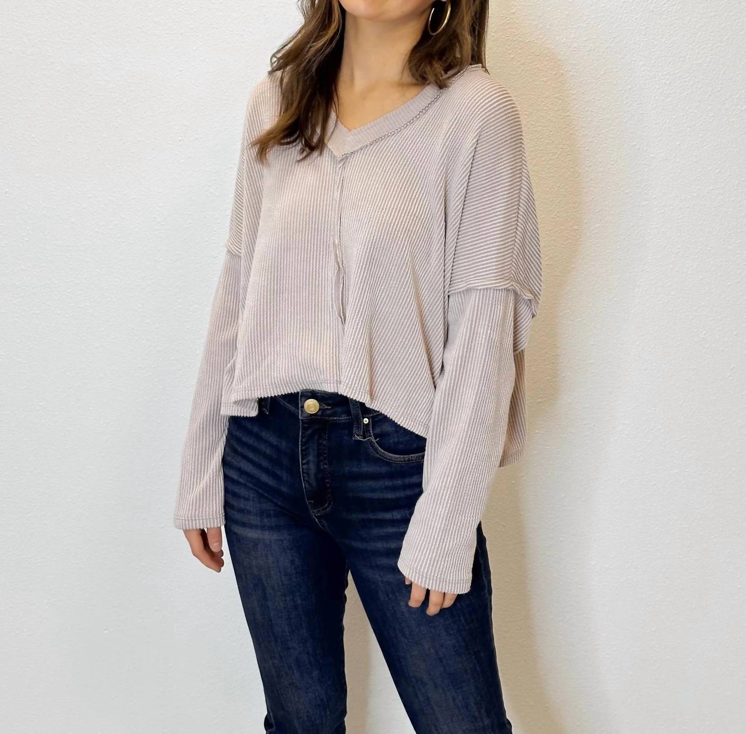 Karlie - Ribbed V-neck Center Seam Cozy Sweatshirt Top