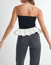 Mable - Ribbed Knit Bodice Bubble Peplum Tube Top