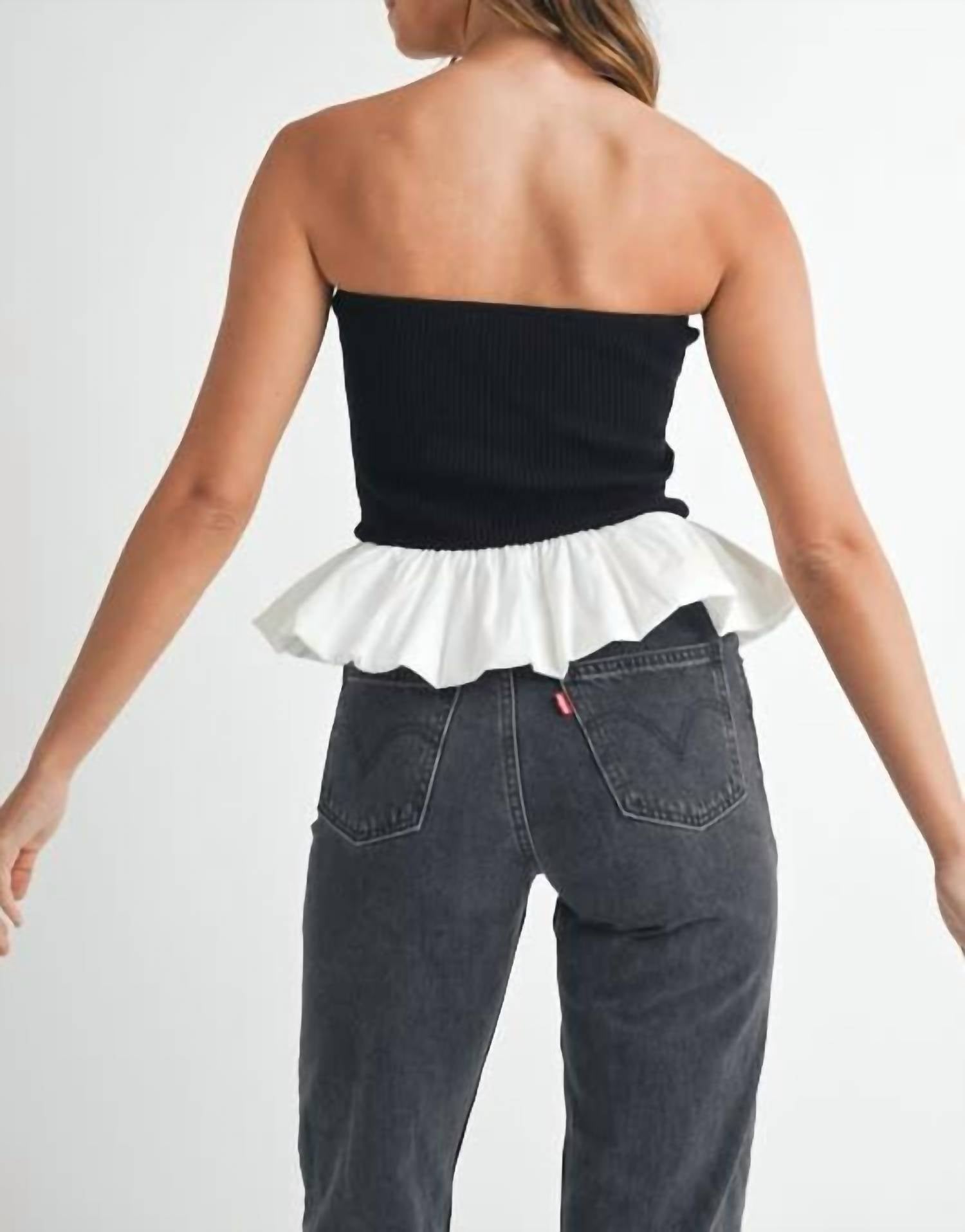 Mable - Ribbed Knit Bodice Bubble Peplum Tube Top