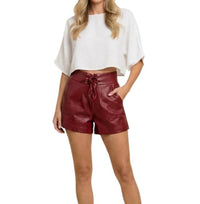 umgee Lace-Up Faux Leather Shorts in red - women's shorts