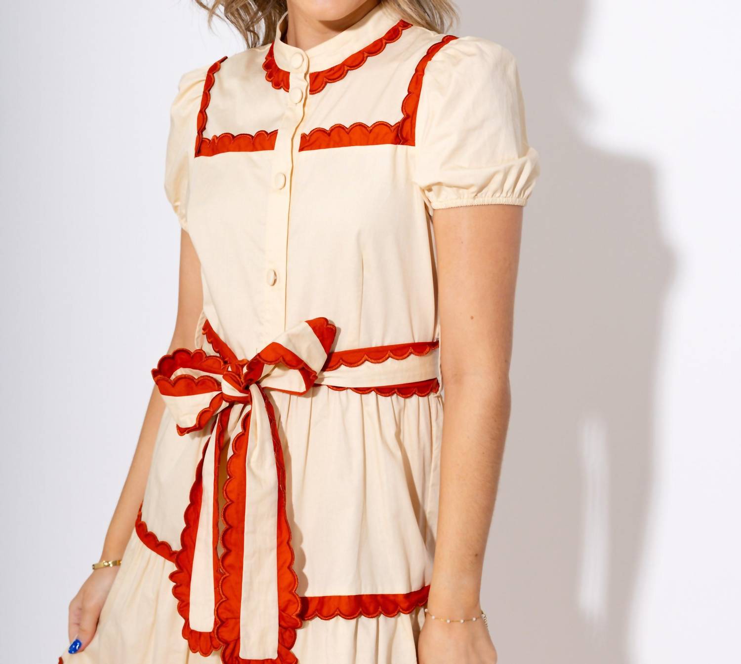 Tcec - Scallop and Stitch Bow Tie Tiered Midi Dress