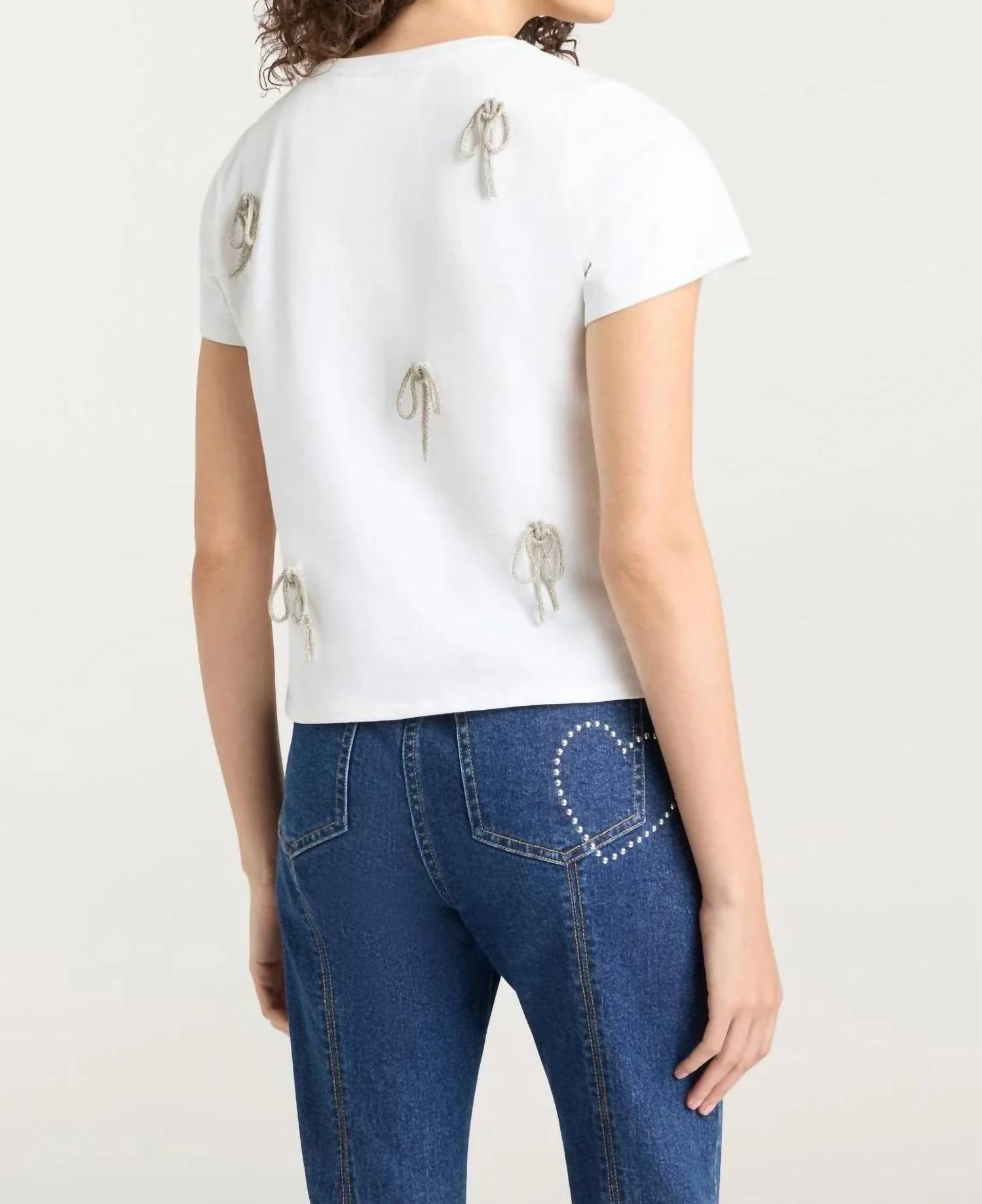 Cinq A Sept - Corded Rhinestone Bow Shrunken Tee
