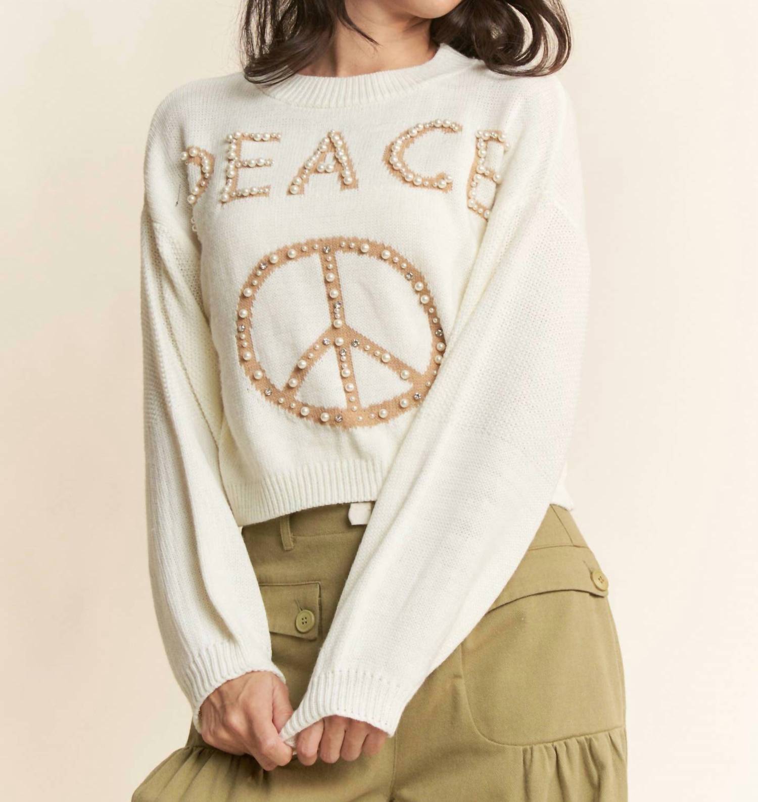 DAVI & DANI Light-weight Knit Pearl Studs Sweater Top With Peace in cream - women's sweater